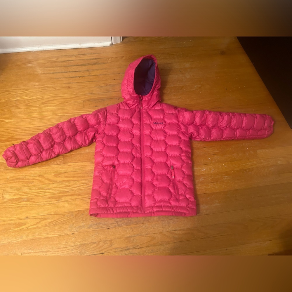 Pink 80% Goose Down Jacket with Hood (Size Large, 650 Fill)